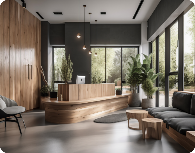 Calming reception area of dental office in Justin