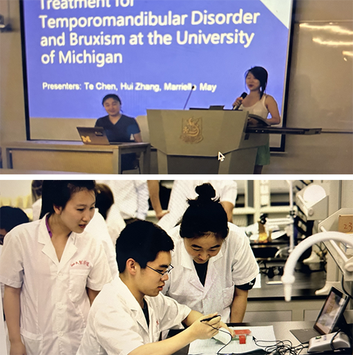 Collage featuring Doctor Zhang at dental school and giving a presentation on treating bruxism and T M J
